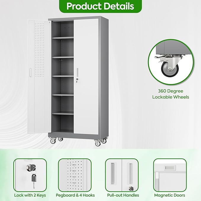 Aobabo Upgraded Garage Storage Cabinets with Wheels,Metal Storage Cabinets with 5 Adjustable Shelves for Garage Home Office Storage, Grey&White,71''H*32''W*16''D,Assembly Required