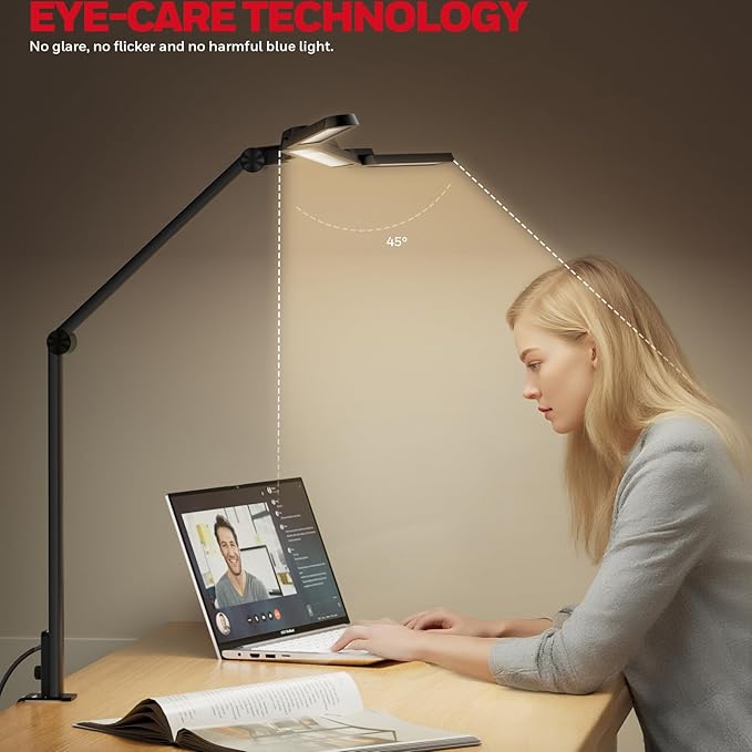 Honeywell LED Desk Lamp with Clamp, HJ3 Sunturalux Architect Desk Lamp for Home Office, Eye-Caring Computer Desk Light 22W 4 Color Modes Clip on Light Stepless Dimming Task Lamp for Working