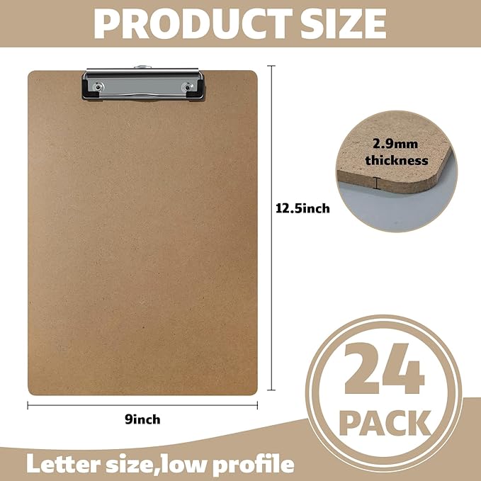 24 Pack Clipboards Bulk, Standard A4 Letter Size Wooden Hardboard Office Clipboard for Classroom, Work-Meetings, with Low Profile Clip, 12.5 x 9 Inch