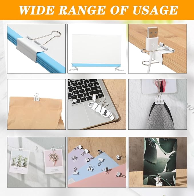 Jetec 200 Pack 0.75in/19mm White Metal Binder Clips Bulk Medium Reusable Fold Back Binder Clips Paper Clamps Spring Steel Sturdy for Home School Office Supplies