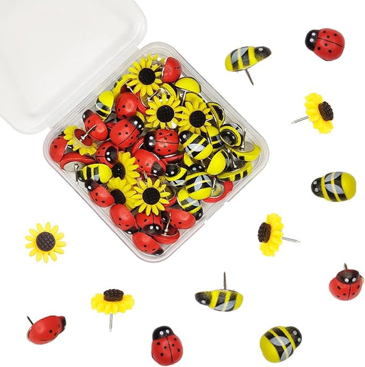 50 Pcs Animal Push Pins, DANUDON Bee Pushpins Sunflower Thumbtacks Decorative Bumble Bee Shaped Floret Thumb Tacks Decorations for Photo Wall Memo Cork Board Bulletin Board Map with Box