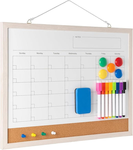 Dry Erase Calendar Whiteboard, 17" x 13" Magnetic Whiteboard Cork Board Combo, Reusable Monthly Planner with 8 Markers, Eraser, Magnets and Pushpins, Hanging Dry Erase Board for Home, School - White