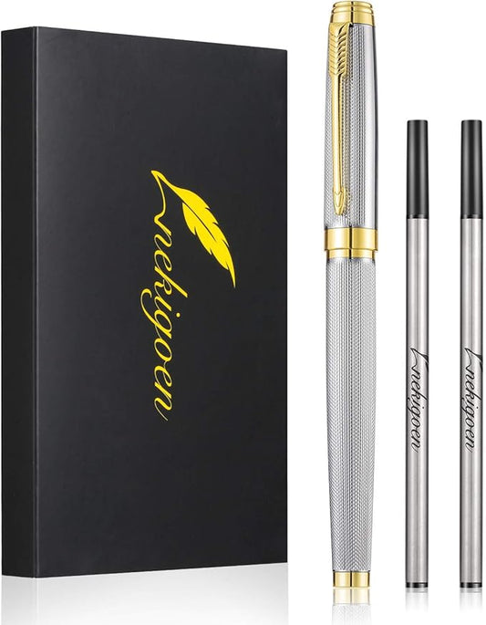Rollerball Pen for Men Women Luxury Metal Executive Pens Home Office Use with 2 Extra Refills Black Ink 0.7mm G2(sliver)