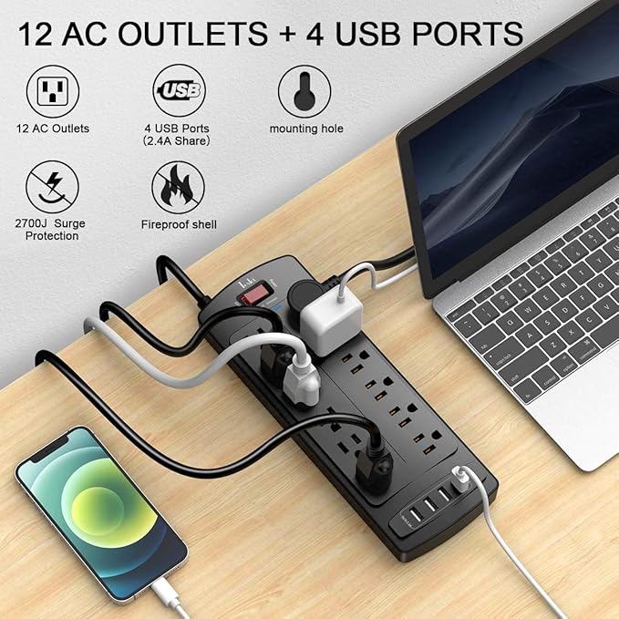Power Strip, Tcstei Surge Protector with 12 Outlets and 4 USB Ports, 10 Feet Extension Cord (1875W/15A) for Home, Office, Dorm Essentials, 2700 Joules, ETL Listed, Black