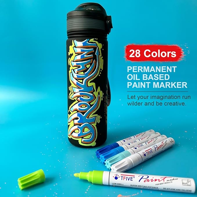 TFIVE Paint Markers Pens Set, 28 Color Oil-Based Permanent Paint Marker, Medium Tip, Quick Dry and Waterproof Pen for Rock Painting, Ceramic, Wood, Fabric, Plastic, Canvas, Glass, Mugs