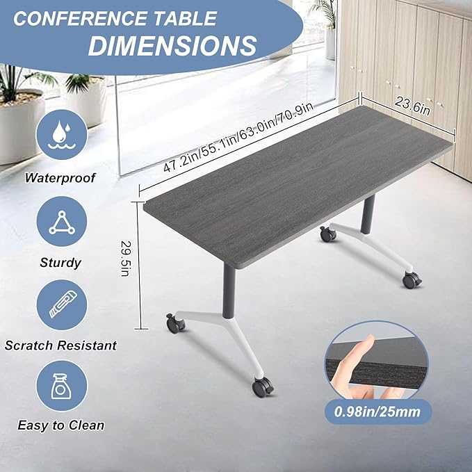 Folding Conference Table, Mobile Training Table for Office Conference, Modern Modular Rectangular Work Desk Meeting Seminar Work Tables with Caster Wheels, Large Breakroom Tables (6Pack L47.2in)