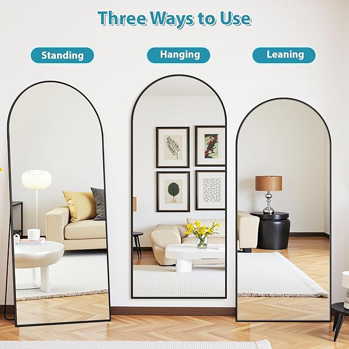 Full Length Mirror, 71"x26" Oversized Floor Mirror Freestanding, Full Body Mirror Floor Standing Mirrors with Stand, Hanging Mounted Mirrors for Bedroom Living Room, Black, Arched Style