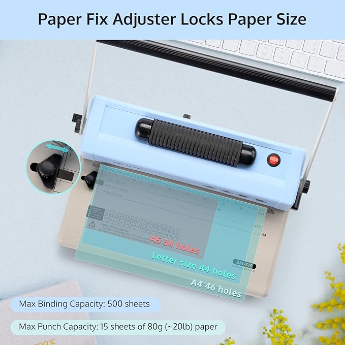 OFFNOVA Spiral Binding Machine, Spiral Coil Binder with Electric Coil Inserter, Easy to Punch Handle, Adjustable Side Margin, for Letter/A4/A5, Includes 100pcs 5/16" Plastic Coils & Crimper Plier