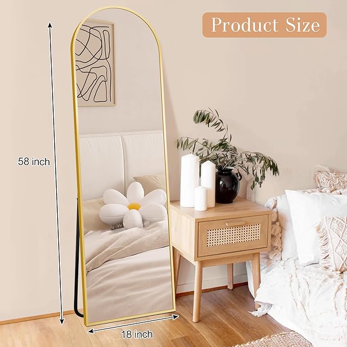 Arched Full Length Mirror, 58" x 18" Floor Mirror with Stand – Shatterproof Tempered Glass, Modern Aluminum Frame, Multi-Mount for Bedroom, Living Room, Gym, Gold