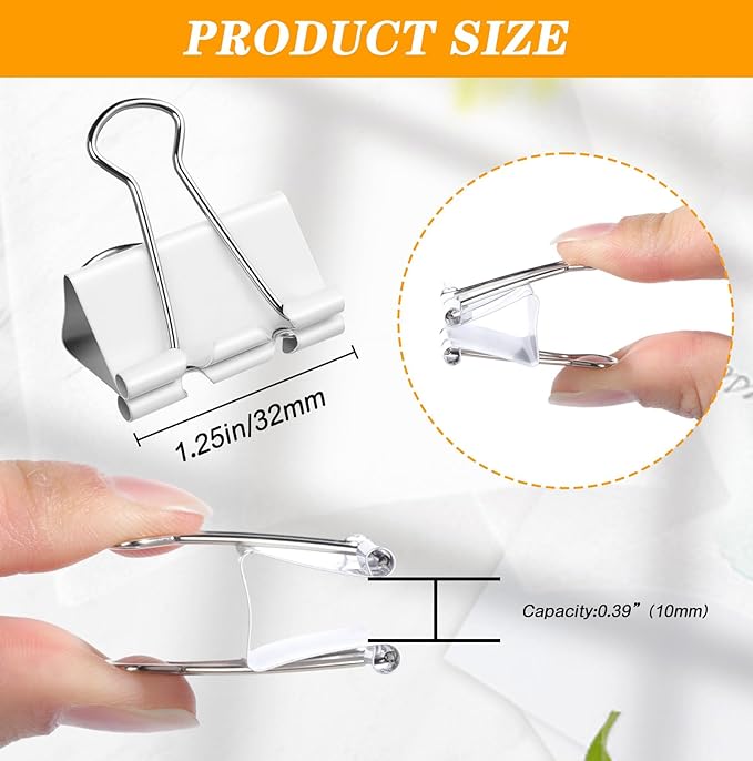 Jetec 100 Pack 1. 25in/32mm White Metal Binder Clips Bulk Medium Reusable Fold Back Binder Clips Paper Clamps Spring Steel Sturdy for Home Office School Supplies