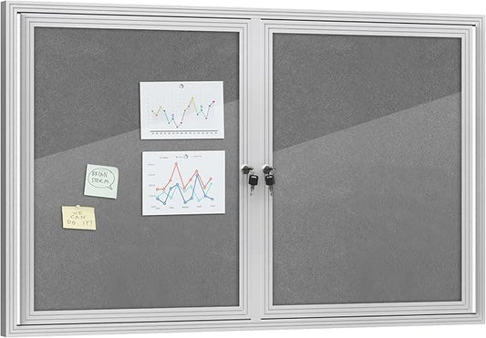 48"x30" Enclosed Bulletin Board, Outdoor Lockable Weather-Resistant Aluminum Cork Noticeboard for School & Office, Silver Frame w/Grey Flet