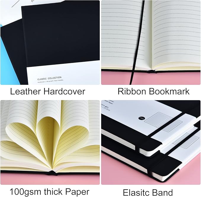 Coopay 6 Pack B5 Notebooks Journal College Ruled Composition Notebooks Classic Hardcover Lined Journals for Office Home School Business Writing Note Taking, 10.2" x 7.5", 100GSM Thick Paper (Black)