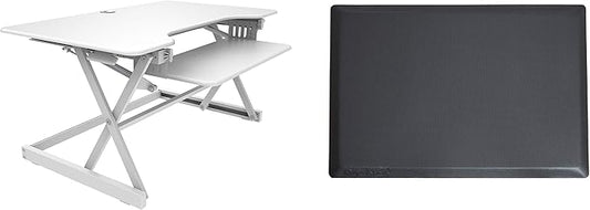 Rocelco 40" Large Height Adjustable Standing Desk Converter with Anti Fatigue Mat BUNDLE - Quick Sit Stand Up Computer Workstation Riser - Retractable Keyboard Tray - White (R DADRW-40-MAFM)