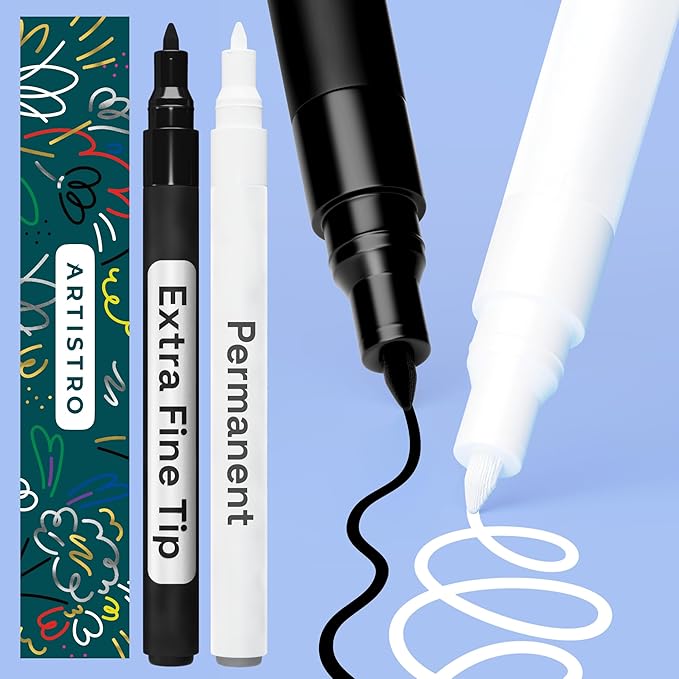ARTISTRO 2 Black & White Permanent Marker - Waterproof Markers for Tire, Fabric, Rocks, Glass, Ceramic, Wood, Paper - Oil Based Paint Pens - Extra-Fine Tip 0.7mm