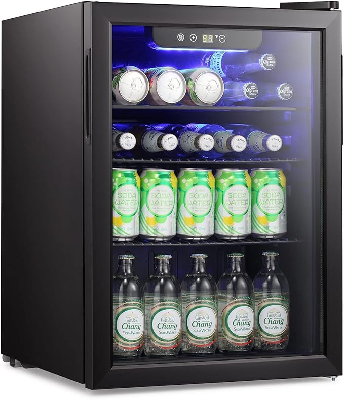 Antarctic Star Mini Fridge-95 Can Beverage Refrigerator Wine Cooler Clear Front Glass Door Small Drink Touch Screen for Soda Beer Bar Office Home 2.6 cu.ft