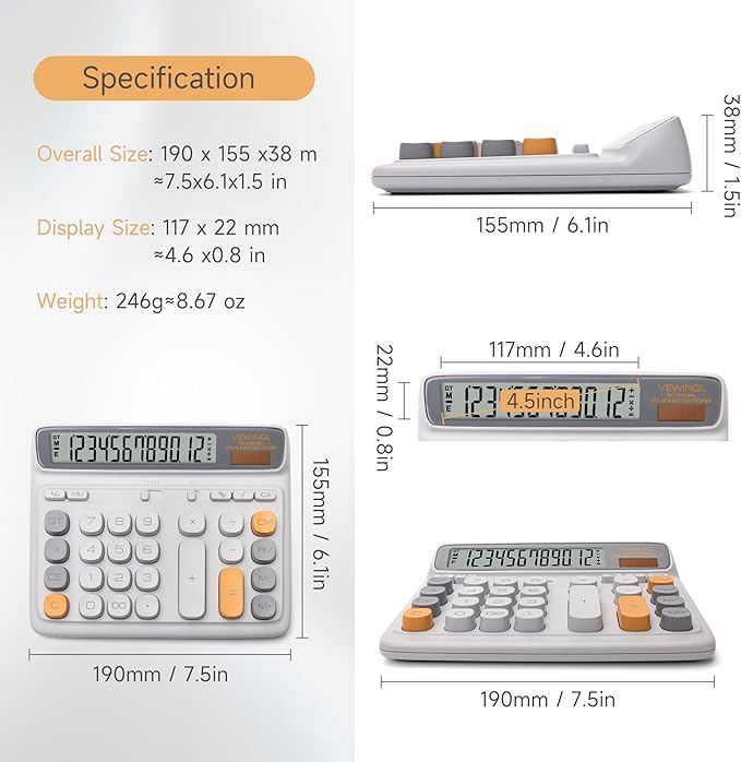 VEWINGL Desktop Calculator, 12-Digit Large LCD Display, Big Computer-Style Keys, Dual Power (Solar & Battery), Auto Sleep Mode, for Office, School, Home & Business 7.5″ x 6.1″ (Gray, L)