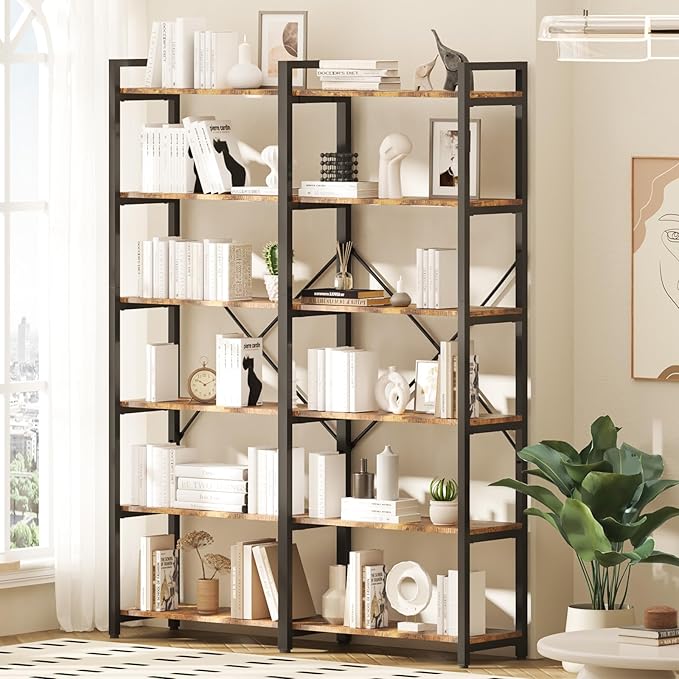 oneinmil Bookshelf 6 Tier, 71.5'' Industrial Wood Bookshelves, Book Shelf with 12 Open Display Shelves & Metal Frame, Tall Bookcase for Home and Office, Rustic Brown