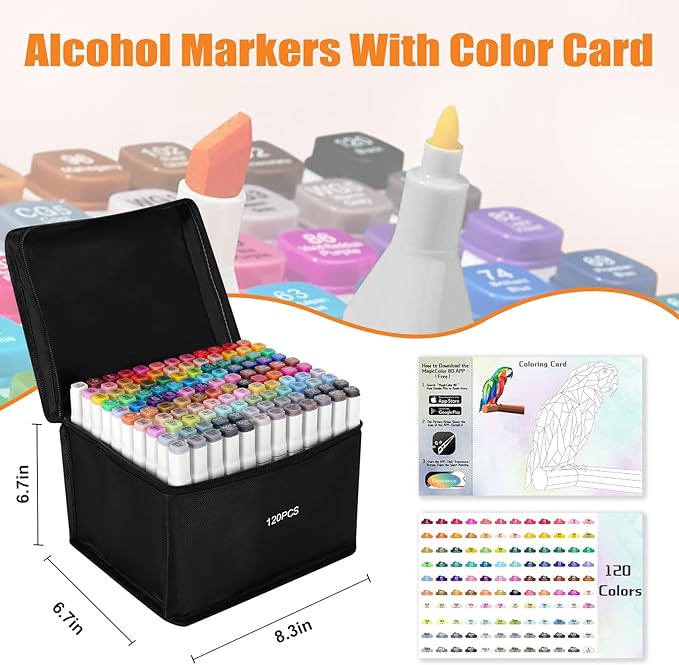 120 Colors Alcohol Markers with Free App, Chisel Tip and Fine Tip, Dual Tip Alcohol-Based Marker set for Artist Adults, Art Markers for Painting, Coloring, Sketching and Drawing,Great Gift Idea