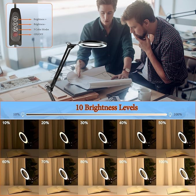 15X Magnifying Glass Lamp with Clamp and Stand, 72 LEDs Desk Lamp with 3 Color Temperatures and 10 Levels Adjustable Brightness for Diamond Art Accessories Hobbies Crafts Reading Close Work Magnifier