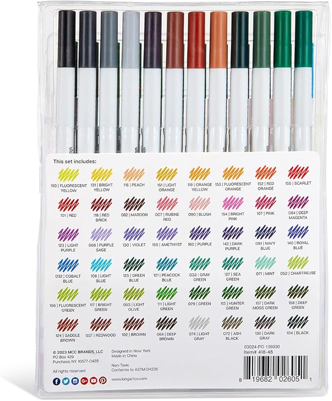 KINGART 418-48 FINE LINE PEN Marker Set, 48 Unique Colors, Size 04 mm Tip, Set of 48