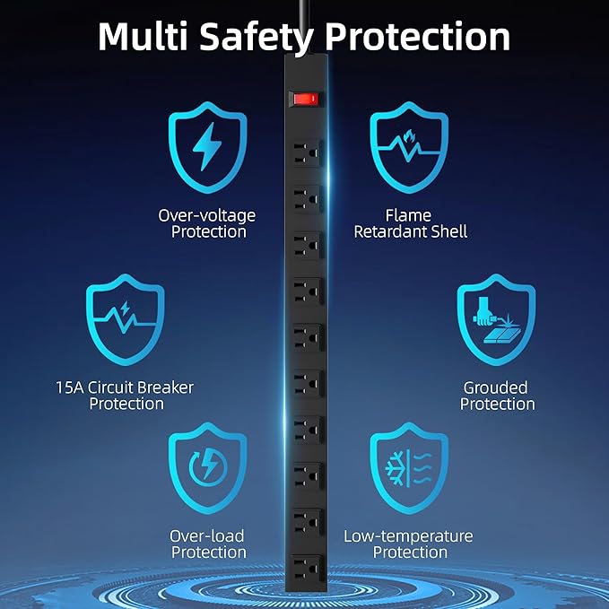 10 Outlet Power Strip 6FT Long Extension Cord Heavy Duty Power Strip Wall Mount Outlet Metal for Kitchen,Office,School,Garage,Workshop,Industrial,125V/15A/1825W,Black(6FT)