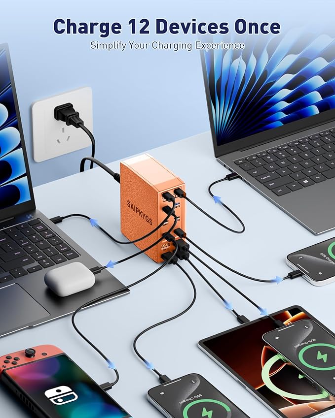 Charging Station (600W),12-Port USB C Charger Block with Dual 100W PD USB-C Fast Charging Station Hub for MacBook Pro/Air/All iPad iPhone 17/16 15/14/13/Pro Max/Samsung Galaxy Note(Orange)