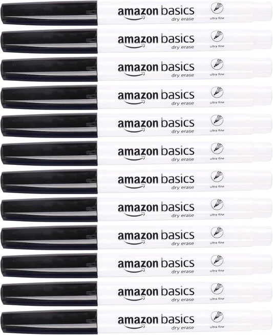 Amazon Basics Low Odor Ultra Fine Tip Dry Erase White Board Markers, Black, 12-Pack