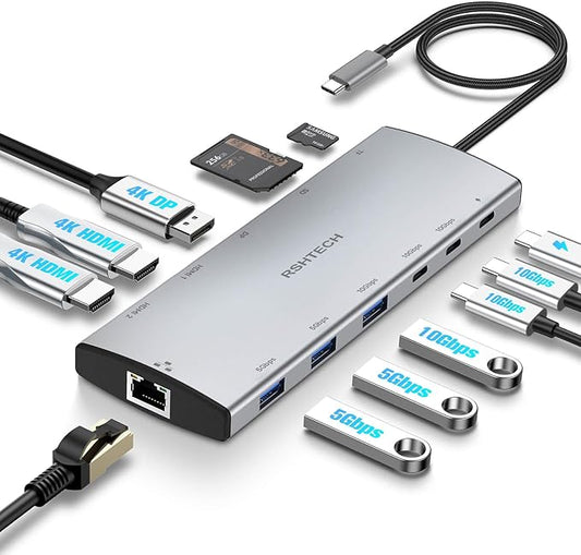 RSHTECH USB C Hub Docking Station Dual Monitor 12 in 1 Triple Display Multiport Adapter with 2 HDMI, 4K DP, 3 USB 3.2 10Gbps, 2 USB 3.0 Ports, 100W PD, Gigabit Ethernet, SD/TF for MacBook, Laptops