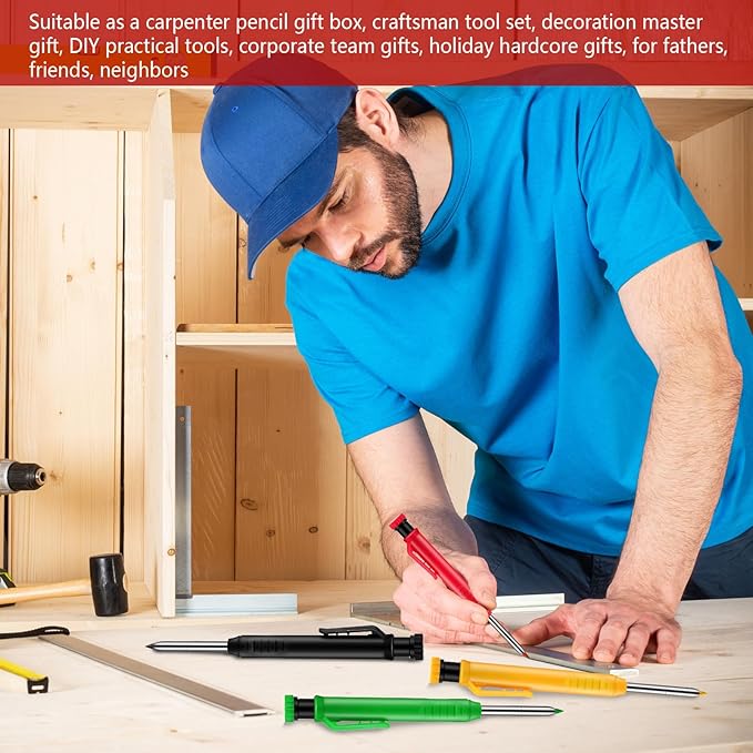 8 pack 2.8mm Mechanical Carpenter Pencils with 48 Refills, Construction Pencils with Built-in Sharpener, Long Nib Deep Hole Marker, Heavy Duty Woodworking Tools(Black+yellow+red+green)