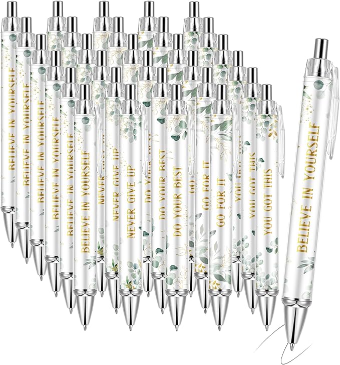 30PCS Inspirational Ballpoint Pen Green Eucalyptus Leaves Ballpoint Pen Employee Appreciation Gift Bulk Motivational Pens Black Ink Pens Set for School Teacher Office Employee Party Favors