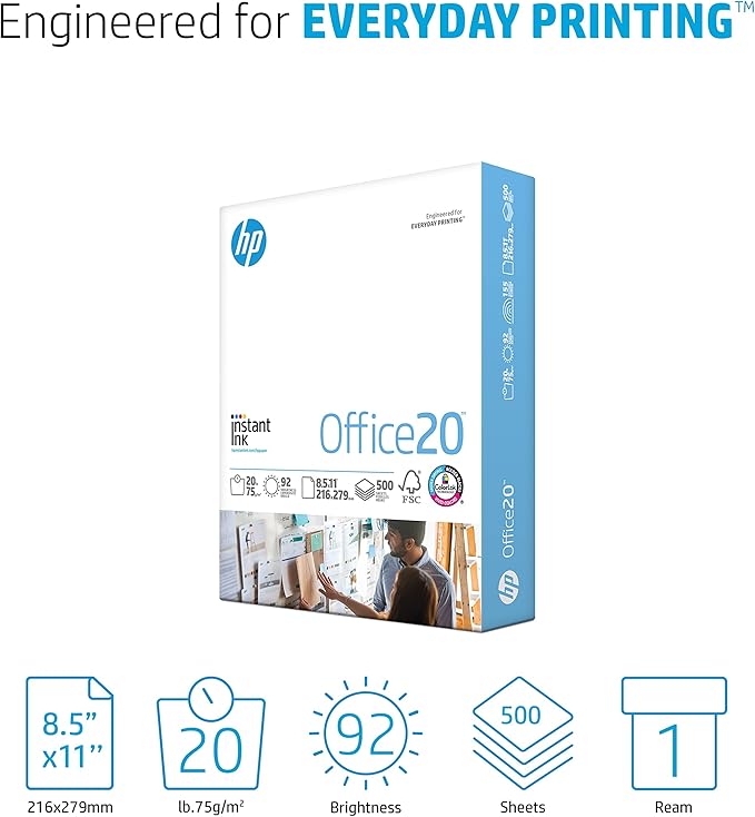 HP Papers | 8.5x11 Paper |Office 20 lb | 1 Ream - 500 Sheets | 92 Bright | Made in USA - FSC Certified | 112150R