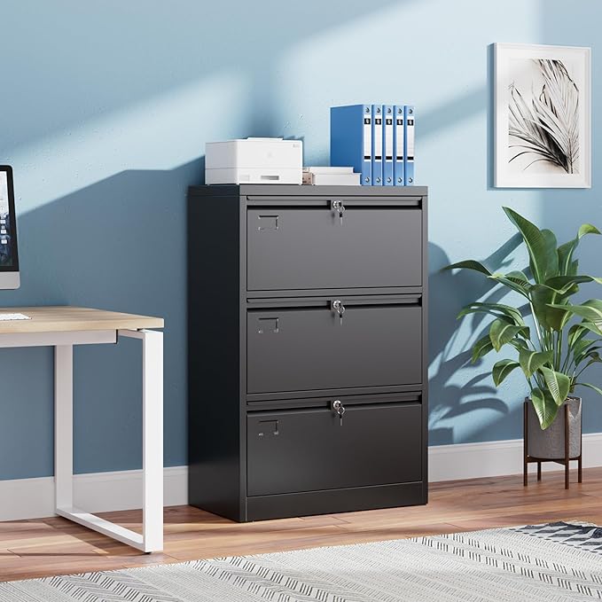 Aobabo 3 Drawer Wide Lateral File Cabinet, Metal Filing Cabinet with Lock, Suitable for Home Office School Hanging Files Letter/Legal/F4/A4 Size,Black,Required-Assembly,15.87" D x 28.94" W x 43.62" H