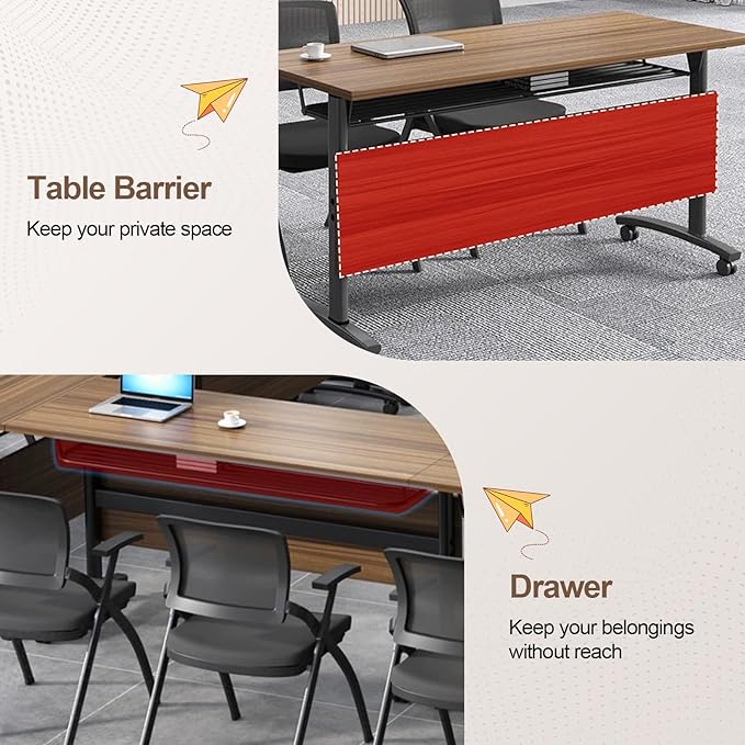 Folding Conference Room Table, Modern Conference Tables with Wheels, Large Rectangular Mobile Training Tables for Office Classroom, Foldable Modular Boardroom Seminar Table Walnut (8pack L55.1in)