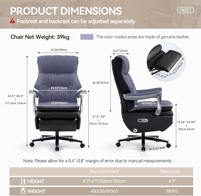 Dual Motor Electric Real Leather Executive Office Chair with Foot Rest, Comfortable Reclining Office Chair with Massage, Big and Tall High Back Comfy Ergonomic Home Office Desk Chairs 400lbs, Black
