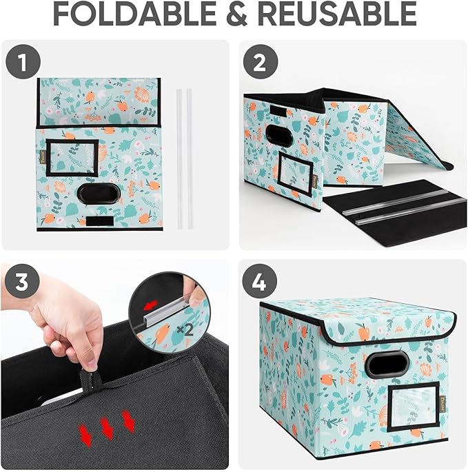 BALEINE File Organizer Box with Lid, Collapsible File Folder Organizer with Plastic Slide, Hanging File Folder Box for Office Document Storage (2 Pack, Spring Stroll)