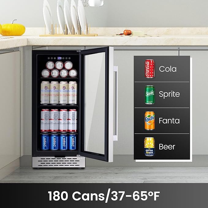 15 Inch Beverage Refrigerator Under Counter, 130 Cans Beverage Fridge with Tempered Glass Door & Lock, 37-65°F Beverage Cooler For Home/Bar, Built-in/Freestanding Mini Drink Cooler(3.53 cu.ft)
