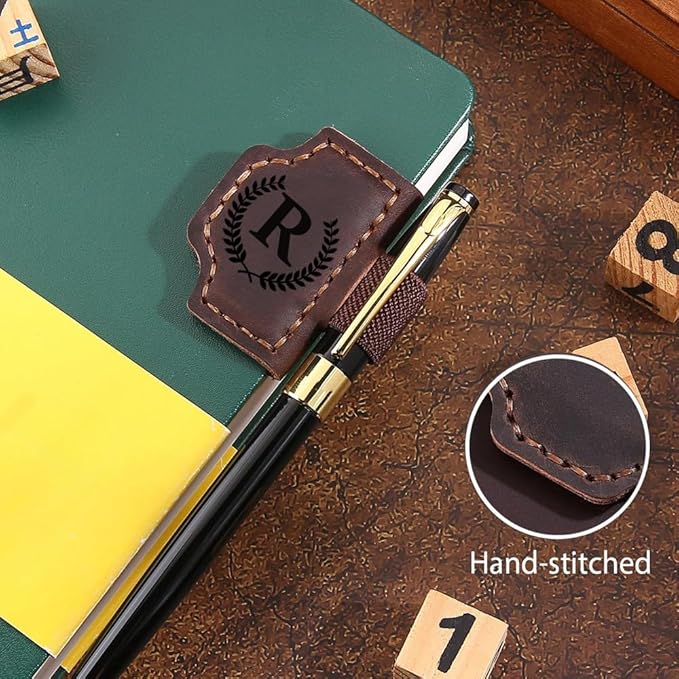 Custom Bookmark with Pen Holder with 26 Letters Personalized Magnetic Leather Book Mark, Customized Name Book Marker Clip with Initial for Men Women, Gifts for Book Lovers, Readers, (Coffee, N)