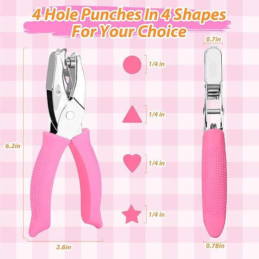 4 PCS 1/4" Hole Punchers for Crafts, Single Hole Punch Shapes with Circle Heart Star Triangle, with Soft-Handled for Binder Scrapbooking Classroom Card Punching Reinforcement Stickers