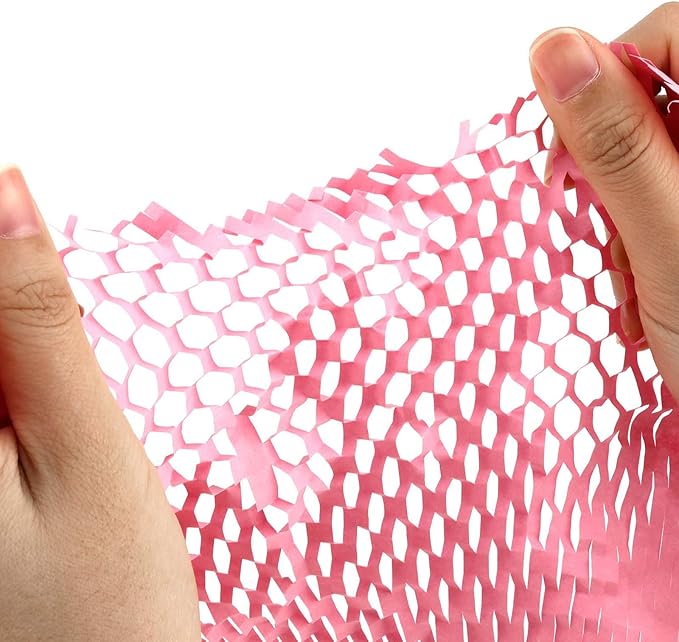 JAPCHET 15 In x 328 Ft Pink Honeycomb Packing Paper, Honeycomb Paper with Sticker Labels and 10 m Rope Honeycomb Wrap Roll for Packaging and Shipping
