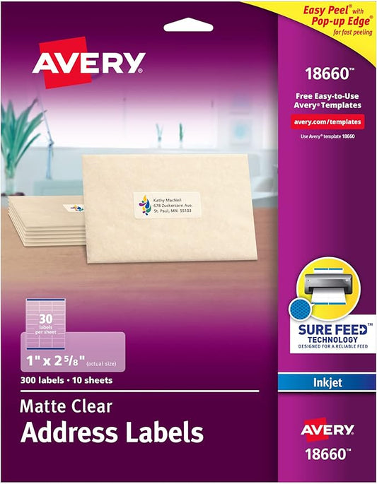 Avery Printable Address Labels with Sure Feed, 1" x 2-5/8", Matte Clear, 300 Blank Mailing Labels (18660)