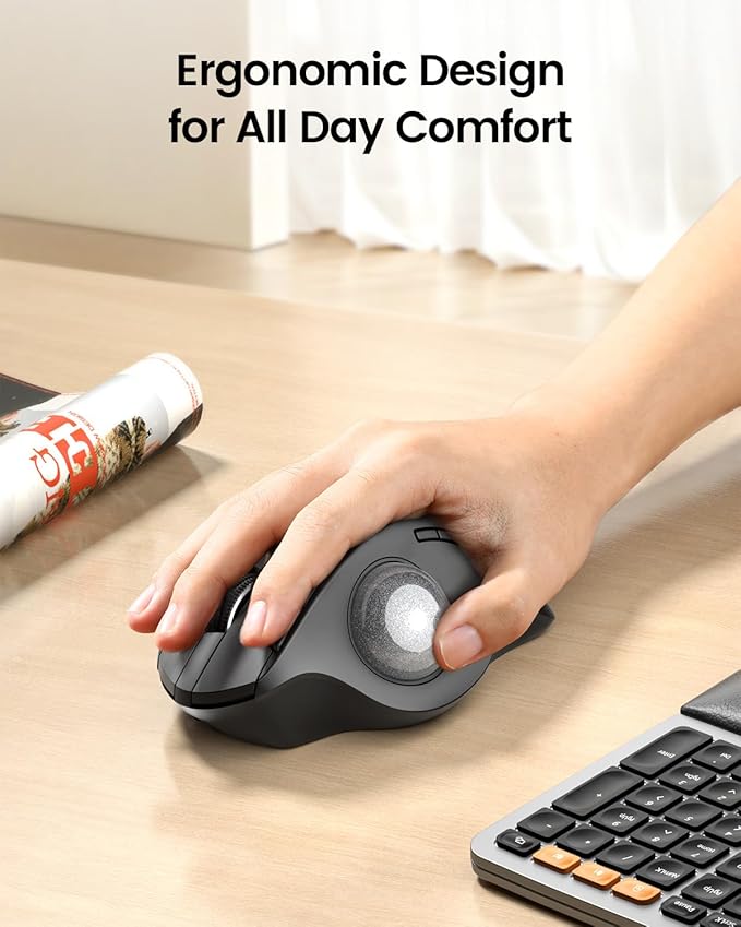 ProtoArc Wireless Trackball Mouse, EM01 NL Ergonomic Bluetooth Rollerball Thumb Rechargeable Computer Laptop Mouse, Adjustable Angle & 3 Device Connection for PC, Mac, Windows-Silver Ball