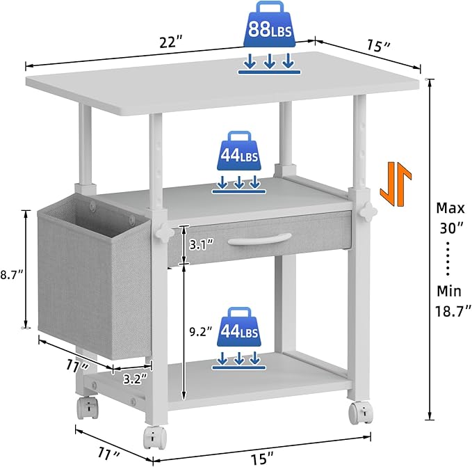 Large 22"x15" Printer Stand, 3-Tier Height Adjustable with Storage Drawer & Side Bag, Rolling Cart for Heat Press/Laser/3D Printer (White)