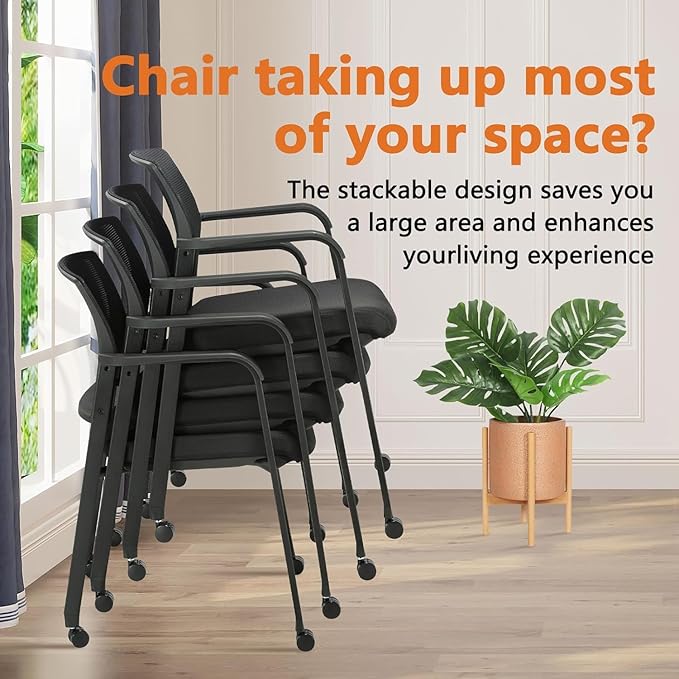 CLATINA Mesh Back Guest Reception Arm Chairs with Wheels, Waiting Room Chairs with Upholstered Fabric Seat and Ergonomic Lumbar Support for Office, 8PK