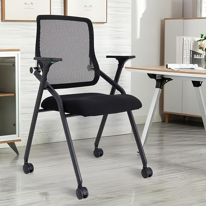 Updated Conference Room Chairs, Folding Office Desk Chair with Lumbar Support and Sliding Armrest with Casters, Stackable Office Guest Chairs & Reception Chairs, 1 Pack Black