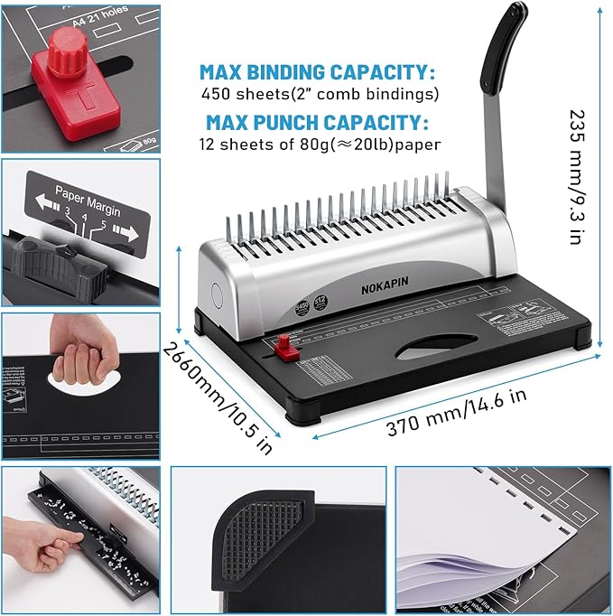 Binding Machine,Book Binder Machine 21-Holes, 450 Sheets,Comb Binding Machine with Starter Kit 100 PCS 3/8'' Comb Binding Spines,Spiral Binding Machine for Letter Size, A4, A5 or Smaller Sizes