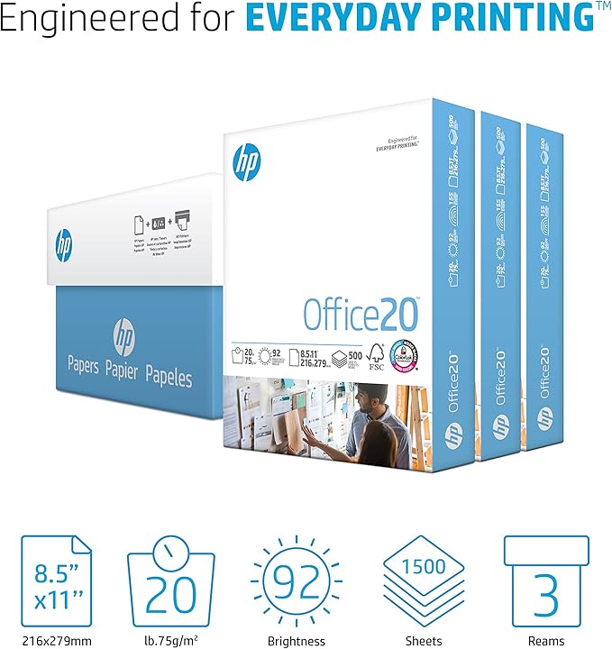 HP Printer Paper | 8.5 x 11 Paper | Office 20 lb | 3 Ream Case - 1500 Sheets | 92 Bright | Made in USA - FSC Certified | 112090C, White