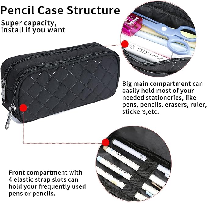 Della Gao Small Pencil Case Large Capacity Pencil Pouch Marker Pen Bag Coin Pouch Office Stationery Organizer (Black-02RH)