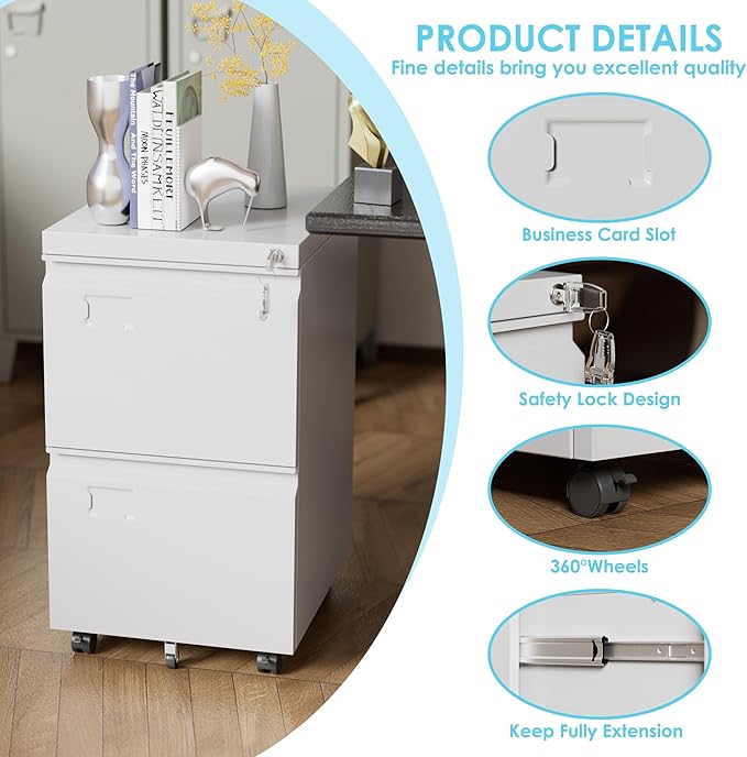 Aobabo 2 Drawer File Cabinet, Lockable Metal Filing Cabinet with Wheels for Home Office, Legal/Letter Size, Required Assembled,White