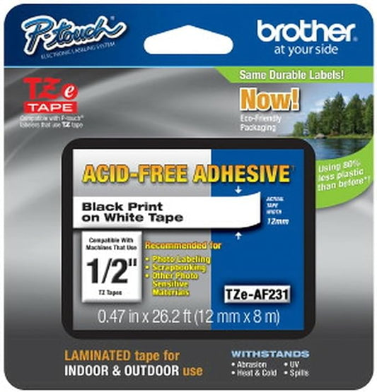 Brother Genuine P-touch TZE-AF231 Tape,1/2" (0.47") Wide Acid-Free Adhesive Laminated Tape, Black on White, Safe for Photo-Labeling or Scrapbooking, Water-Resistant,0.47" x 26.2' (12mm x 8M), TZEAF231