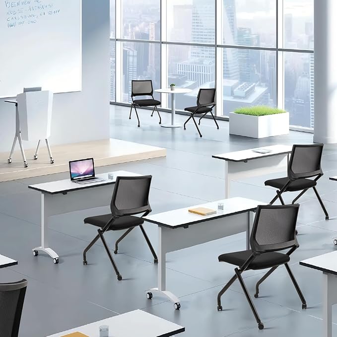 CLATINA Stackable & Foldable Conference Room Chairs, Waiting Room Chairs with Wheels & Lumbar Support, Ergonomic Mesh Bouncing Back Folding Chair for Office Meeting Schools Training Room, Black 20pk
